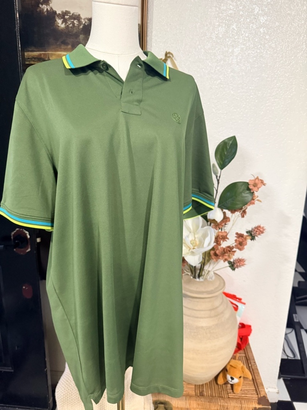 G/FORE Olive Green Polo with Yellow and Blue Trim